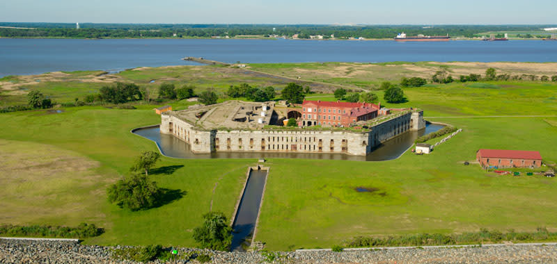 Aerial view of Fort Delaware, its moat, island lawn and the Delaware River