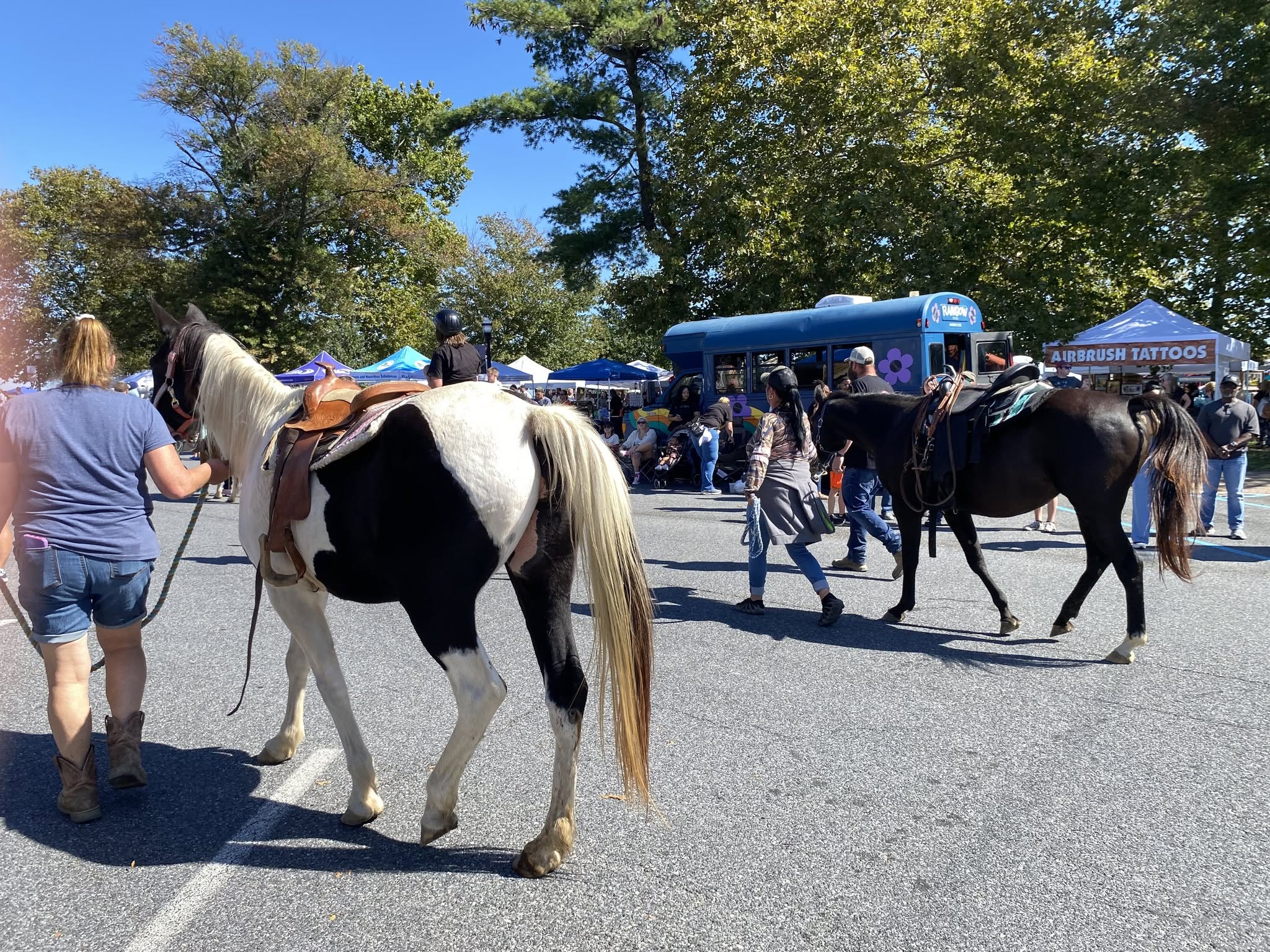 A handler leading a pony along the parade route